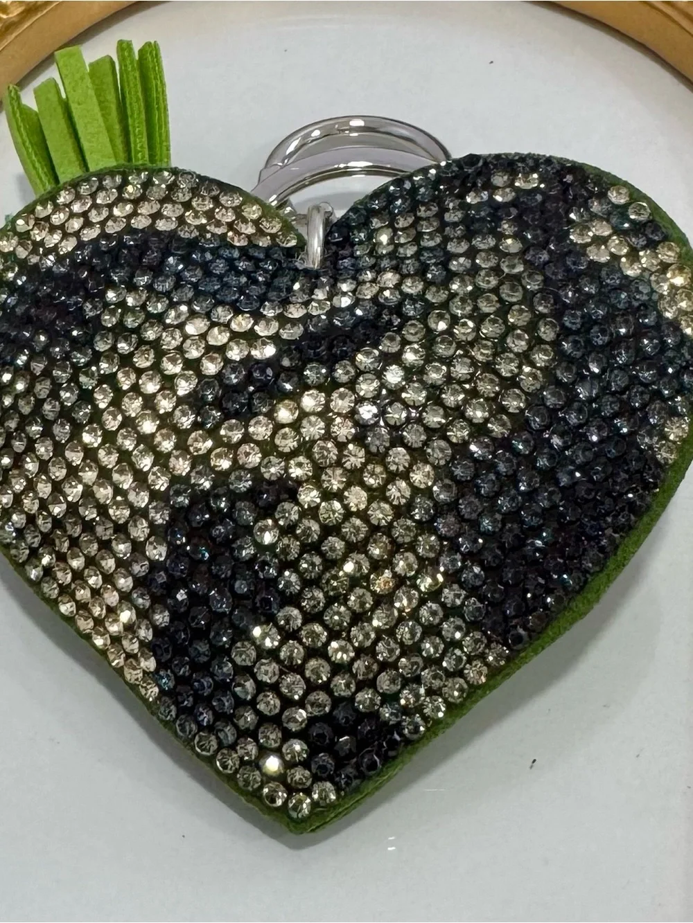 New Sparkle Green Camo Heart Keychain